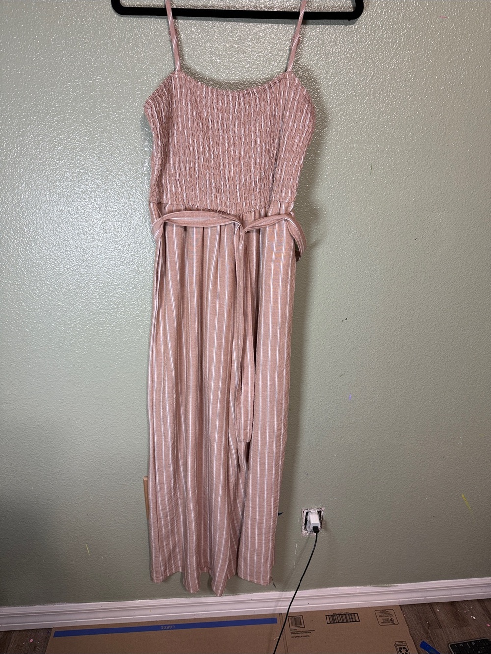 As U Wish Blush Pink Striped Smocked Jumpsuit with Waist Tie